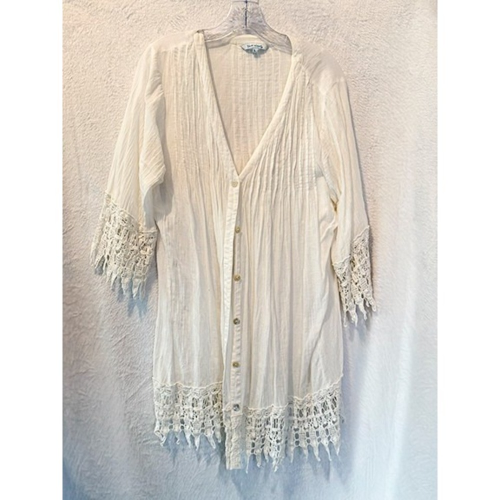 Blue Island White Cotton Lace Blouse Large Boho Button Front Crochet Trim